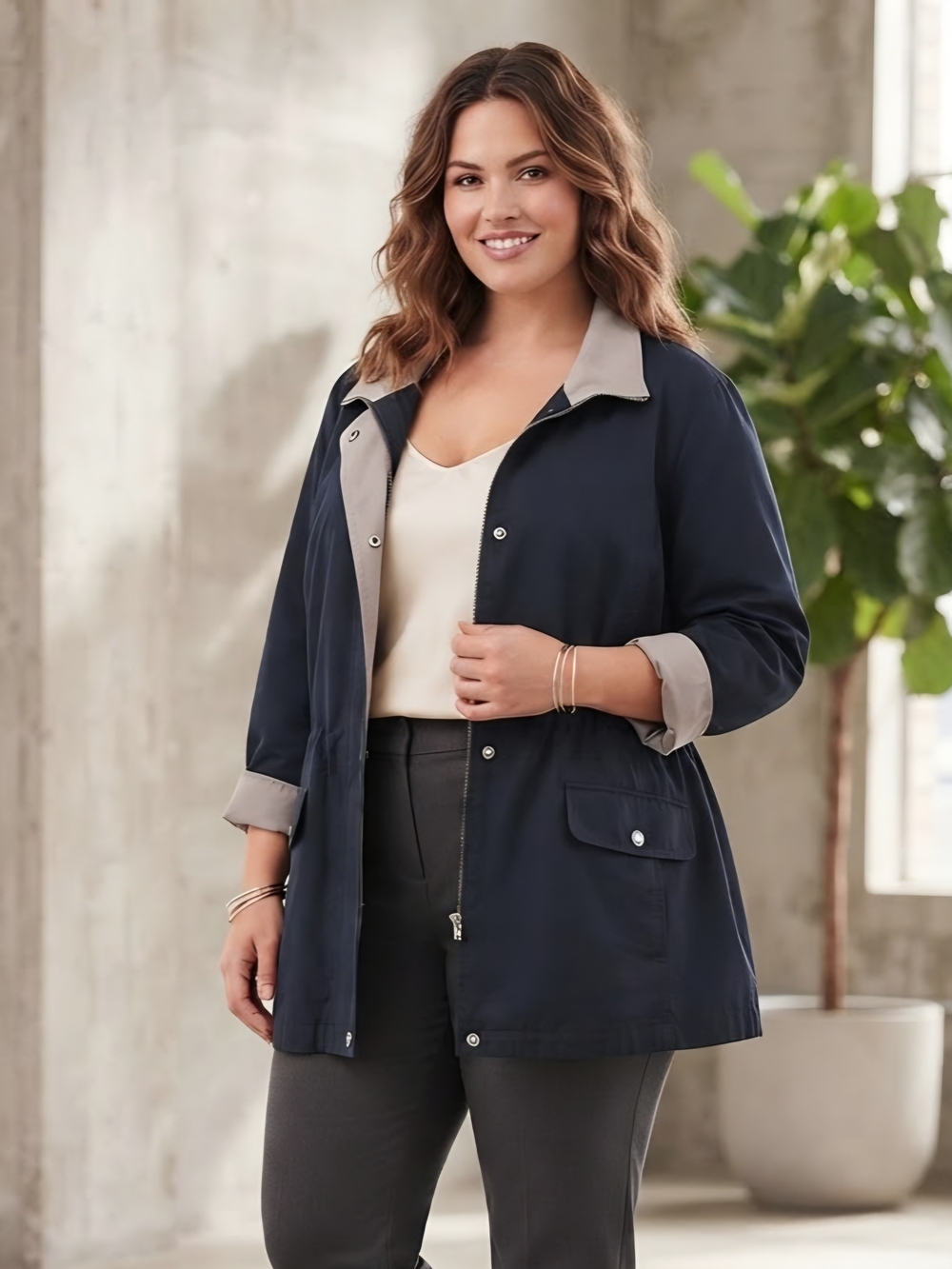croft & barrow Black Trench Jacket with Tan Trim Size 22